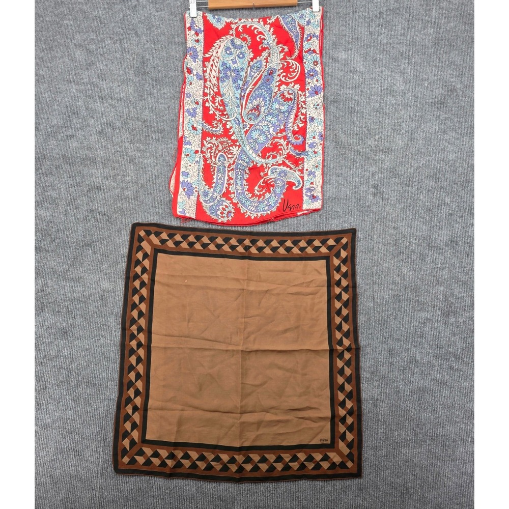 Vintage Vera Neumann Scarf Lot of 2 Red Paisley Oblong & Tan Geometric Square